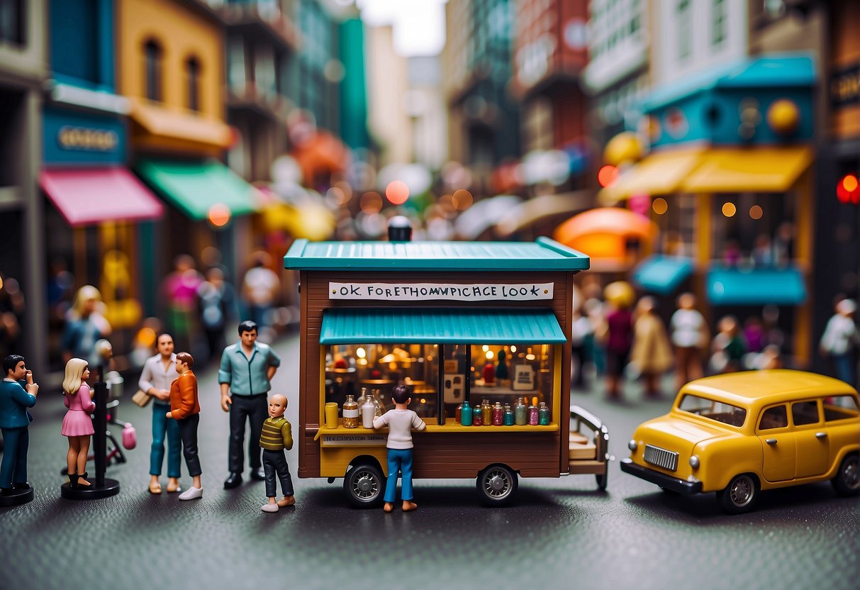 A bustling city street with colorful pop-up container shops and homes, surrounded by curious onlookers and busy shoppers