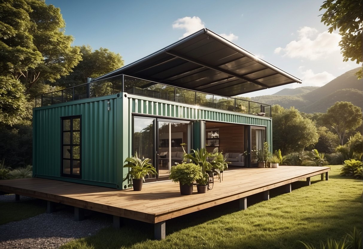 A container home sits amidst a lush green landscape, with solar panels on the roof and a rainwater collection system nearby. The modern, sleek design showcases the potential of sustainable housing