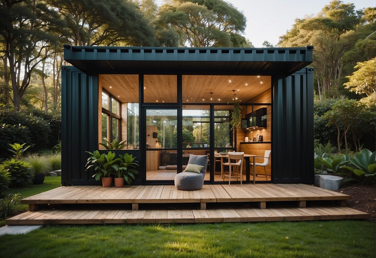 A modern container home nestled in a lush, green landscape, showcasing innovative sustainable design and eco-friendly features