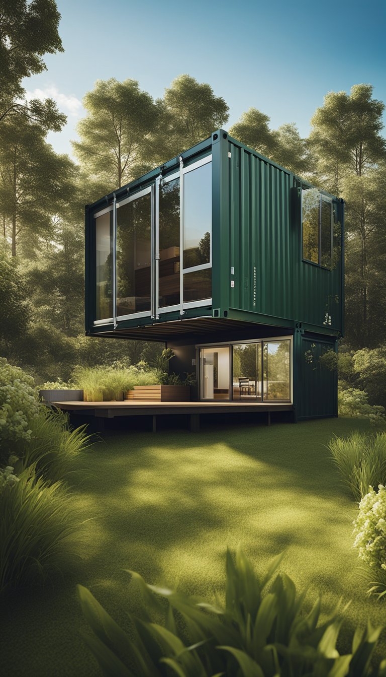 An L-shaped shipping container home sits on a grassy lot, with large windows and a modern design. The surrounding landscape is lush and green, with trees and a clear blue sky