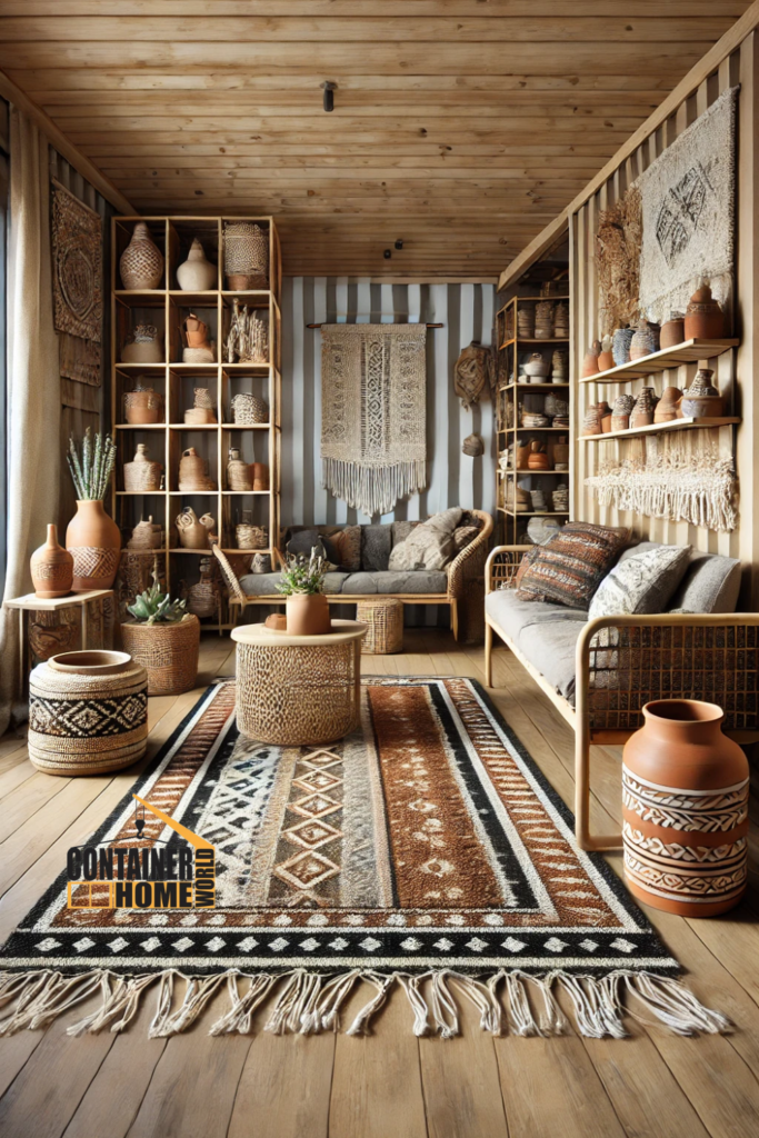 Boho-themed container home interior design