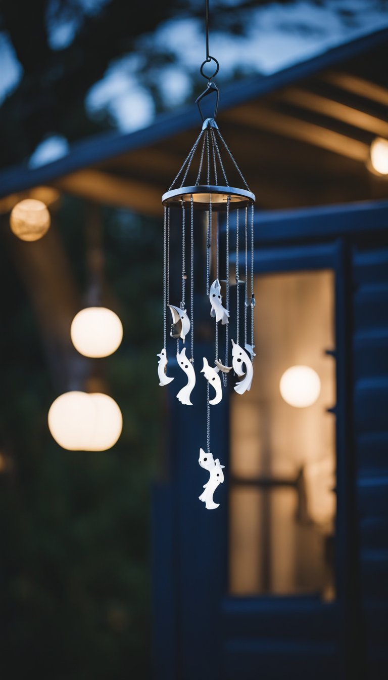 A spooky wind chime made of ghostly figures hangs from the eaves of a shipping container home, swaying in the breeze on a dark Halloween night