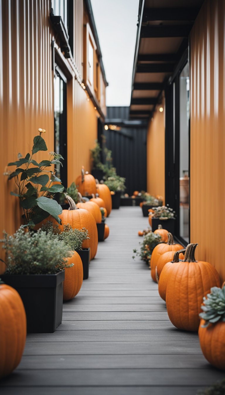 A row of shipping container homes adorned with Halloween-themed pumpkin planters