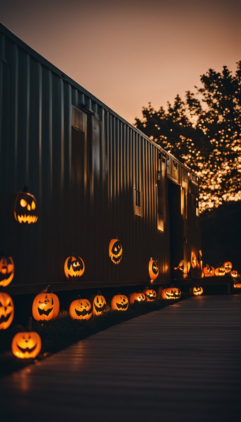 A row of illuminated jack-o'-lantern path lights leading to a shipping container home on a dark Halloween night