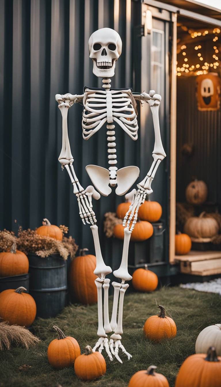 A scarecrow made of skeleton parts stands among Halloween decorations outside a shipping container home