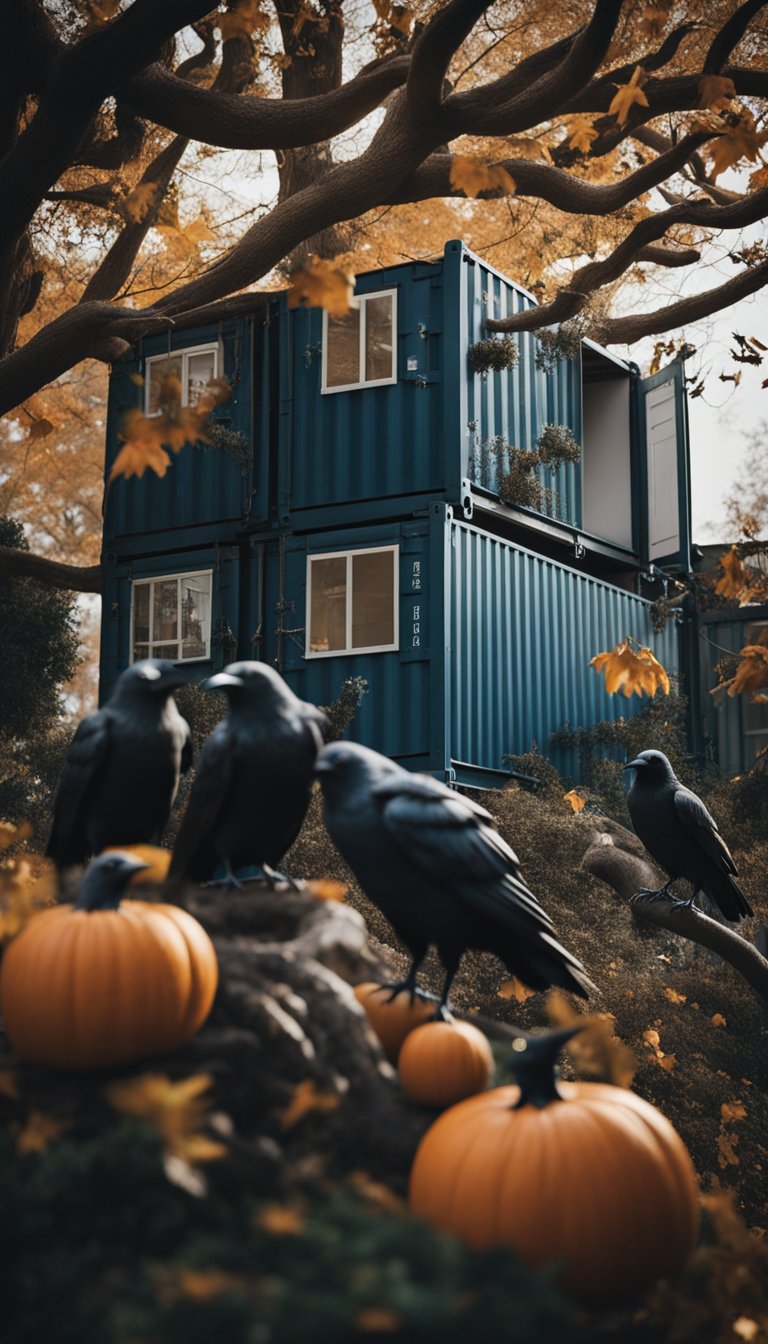 A spooky garden with raven statues perched on twisted branches, surrounded by Halloween decor for a shipping container home