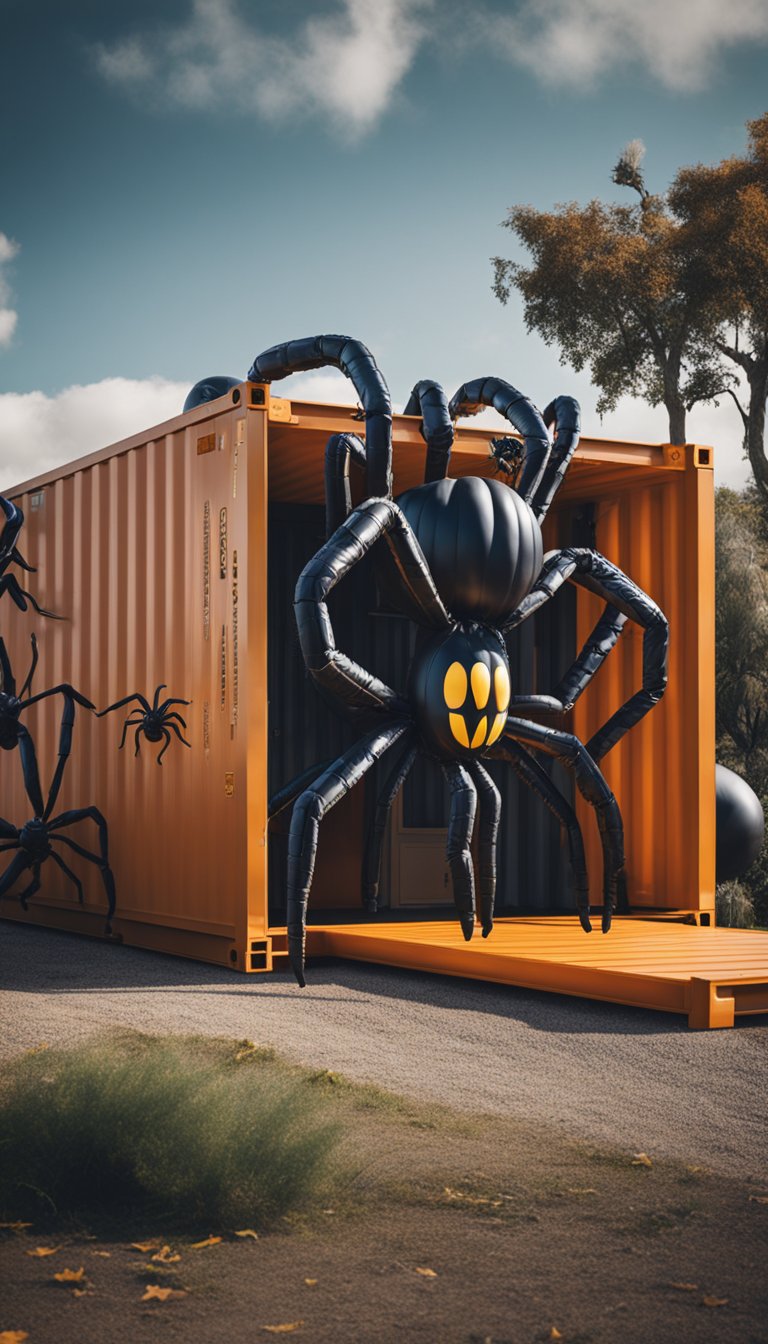 A shipping container home adorned with giant inflatable spiders for Halloween