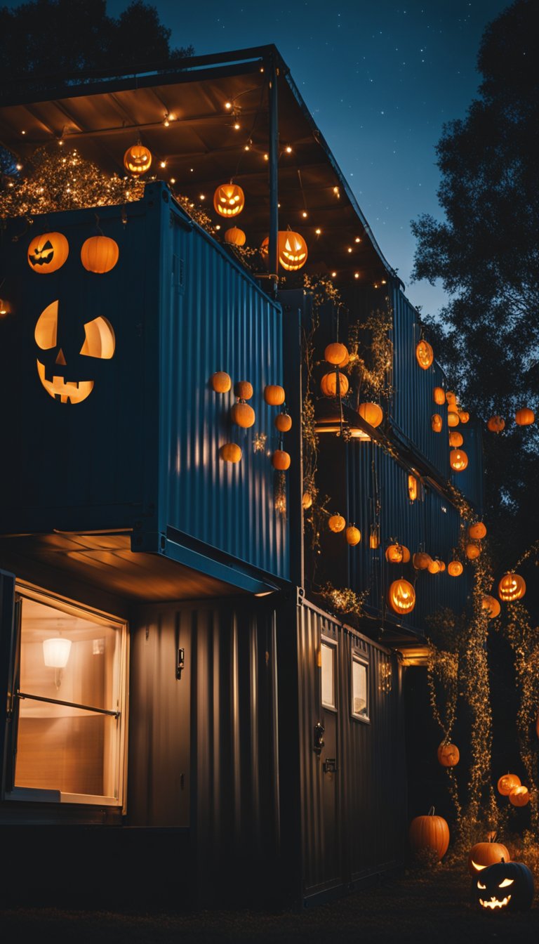 A shipping container home adorned with spooky Halloween decorations, including carved pumpkins, eerie lighting, and creepy silhouettes against the night sky