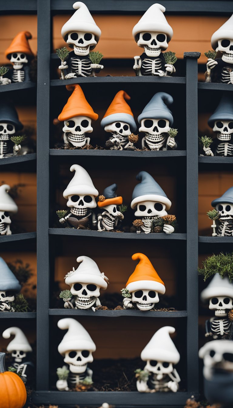 A group of skeleton garden gnomes arranged in a spooky outdoor display for Halloween, surrounded by shipping container homes