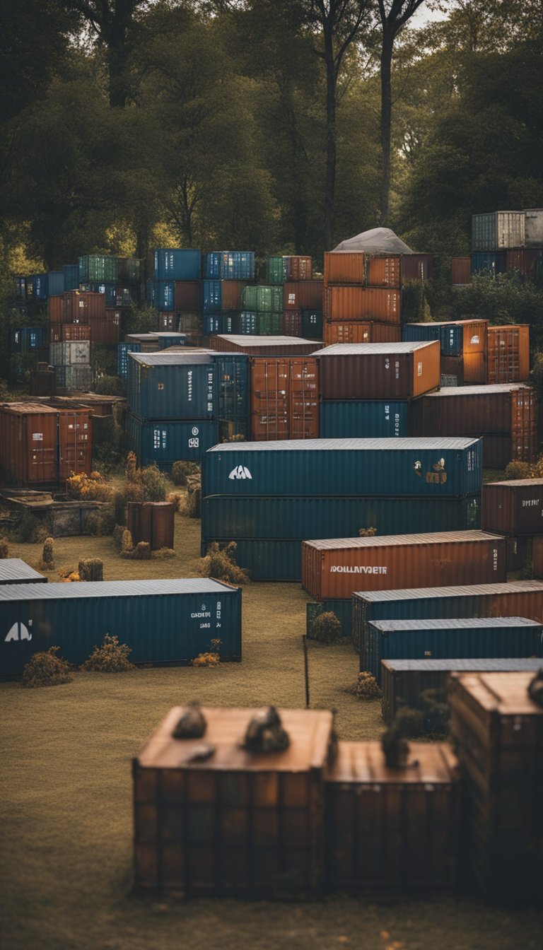 A dark and eerie yard with rusted shipping containers, adorned with zombie hand lawn stakes and other Halloween decorations