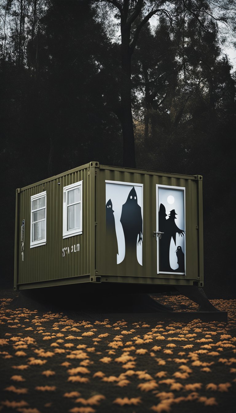 A spooky scene with ghoul silhouettes looming over a shipping container home, surrounded by Halloween outdoor decor