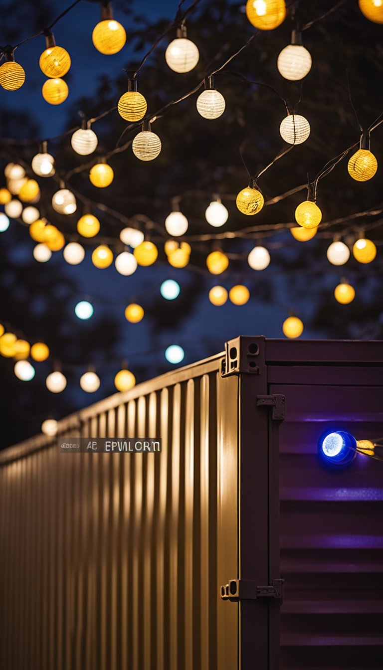 Glowing eyeball string lights hang from a shipping container home, illuminating the Halloween-themed outdoor decor