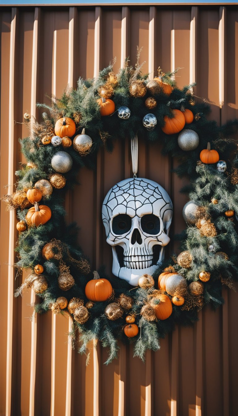 A shipping container home adorned with cobweb-infused wreaths and other Halloween decorations