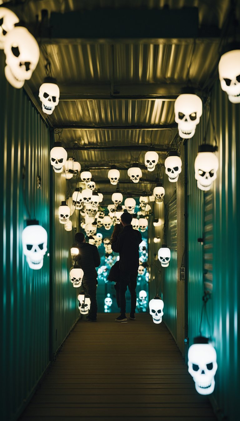 A spooky scene with LED skull lanterns hanging from the exterior of a shipping container home, casting an eerie glow in the dark