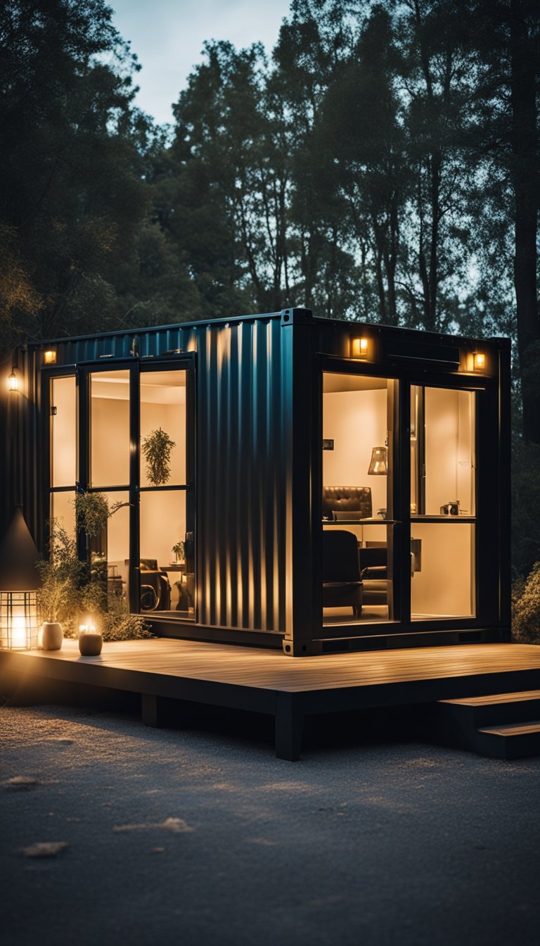 A dimly lit shipping container home with eerie shadows cast by strategically placed outdoor lighting, creating a spooky atmosphere for Halloween