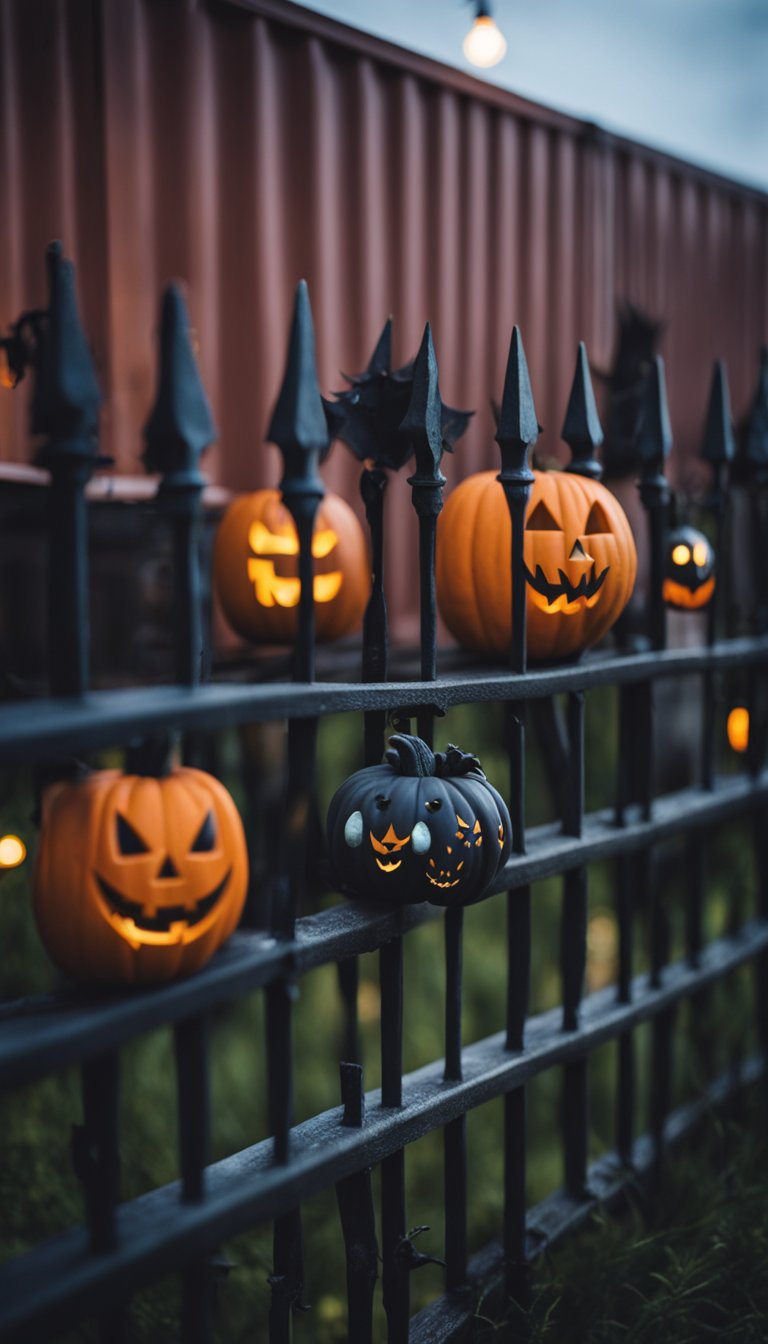 An eerie fence with Halloween-themed toppers surrounds a shipping container home, with spooky decorations and eerie lighting