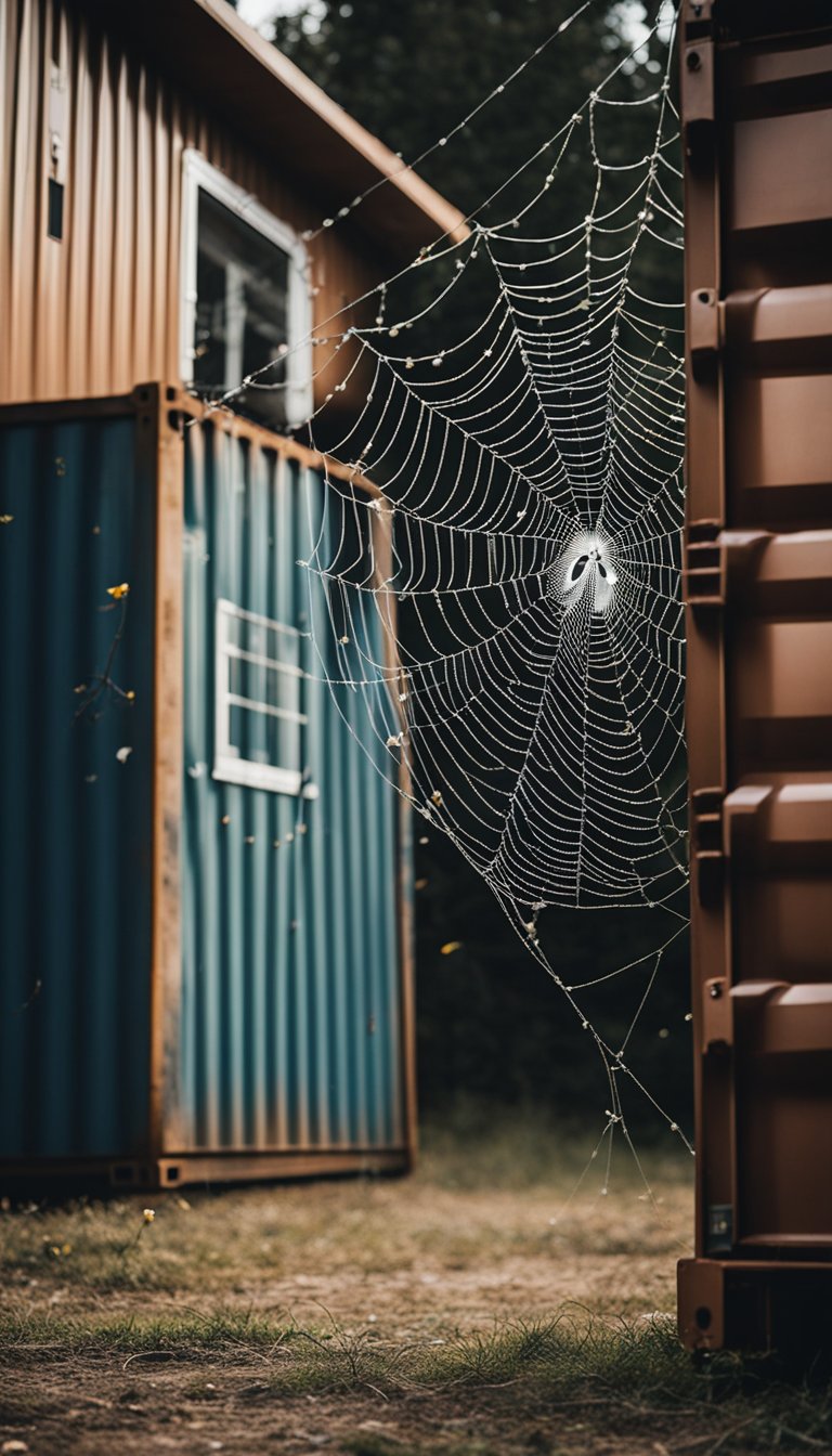 A spooky spider web covers the yard of a shipping container home, with Halloween decorations scattered around