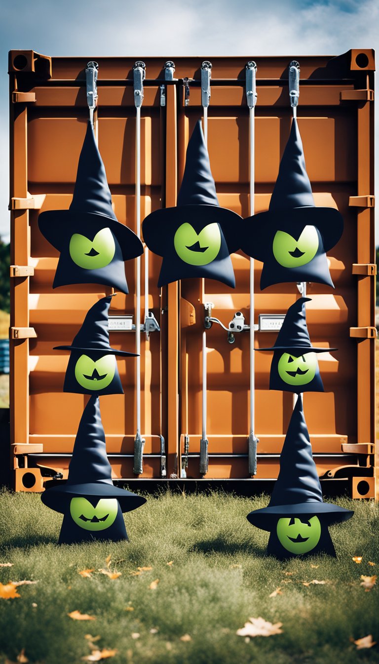 Three witch hat door hangers hang from the handles of a shipping container home, surrounded by other Halloween outdoor decorations