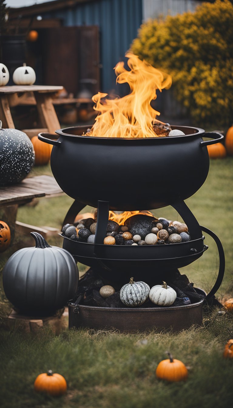 A bubbling cauldron sits atop a fire pit surrounded by Halloween decorations, set against the backdrop of a shipping container home