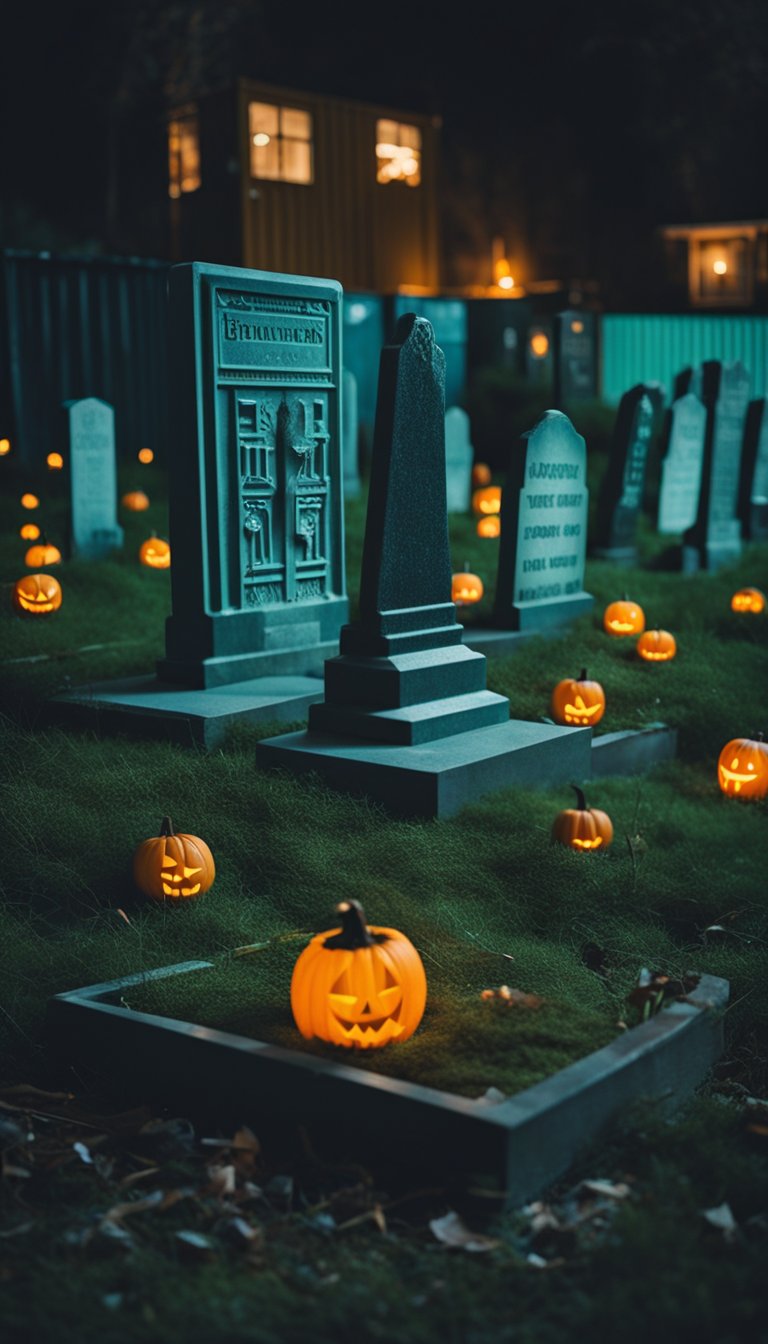 Glow-in-the-dark gravestones arranged in a spooky outdoor scene for Halloween decor at a shipping container home