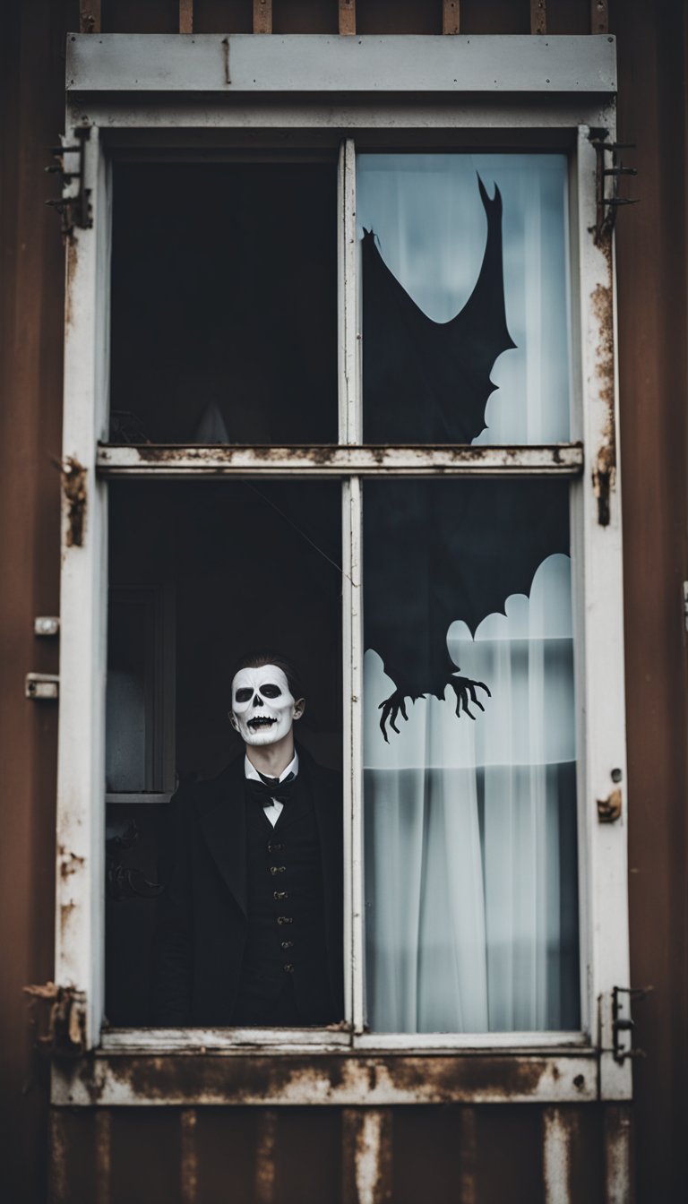 Vampire window clings adorn the windows of a shipping container home, adding a spooky Halloween touch to the outdoor decor