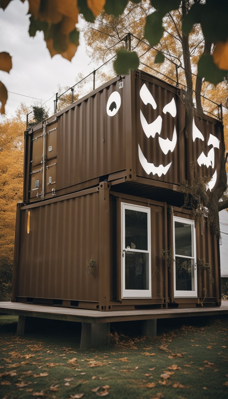 A shipping container home adorned with haunted tree faces for Halloween