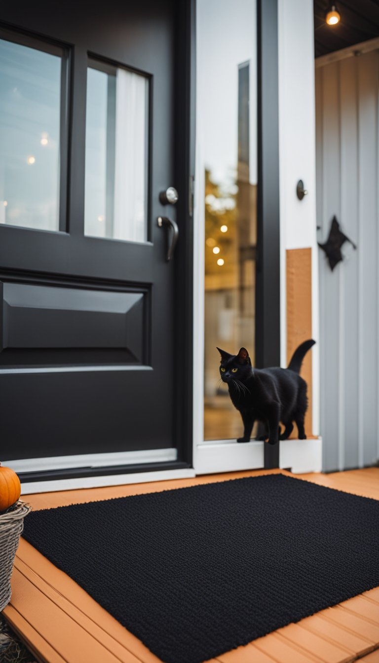 A black cat door mat in front of a shipping container home, surrounded by Halloween outdoor decor