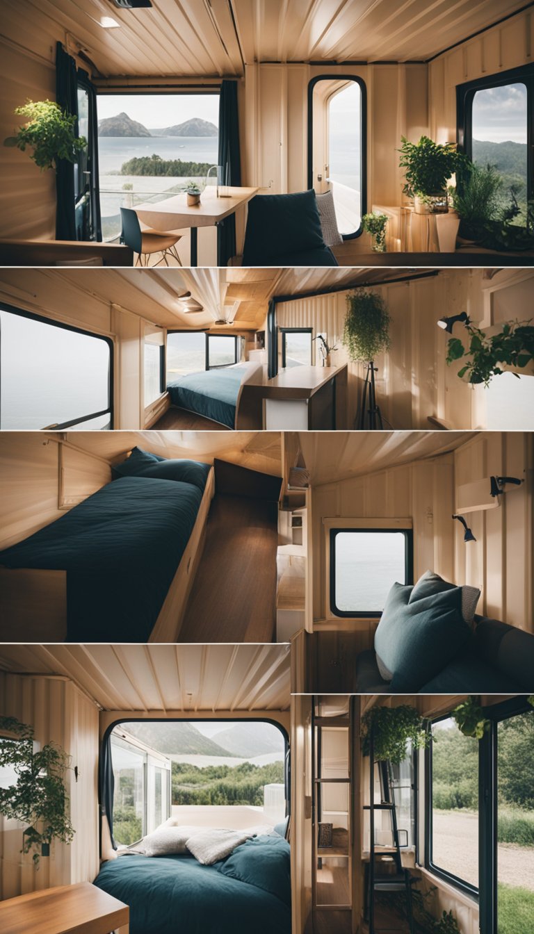 A shipping container is being transformed into a cozy guest house, with windows cut out, a door installed, and a small porch added