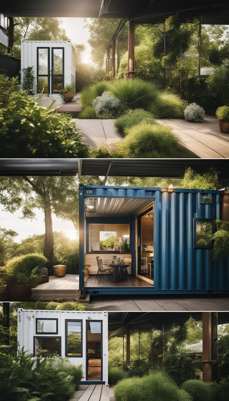 A shipping container converted into a cozy guest house, complete with large windows, a small patio, and lush landscaping surrounding it