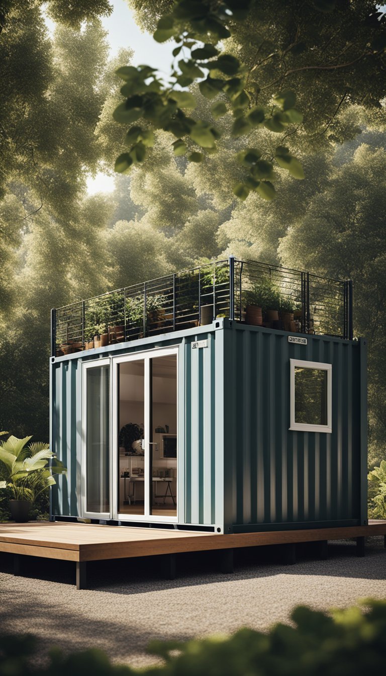 A shipping container sits in a serene backyard, surrounded by trees. It has been converted into a cozy guest house with large windows and a small patio