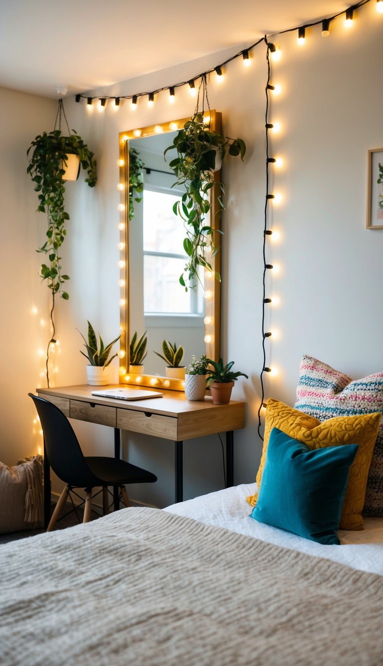 A small bedroom with a cozy bed, a neatly organized desk, a few potted plants, string lights, and colorful throw pillows. A mirror on the wall reflects the space, adding depth