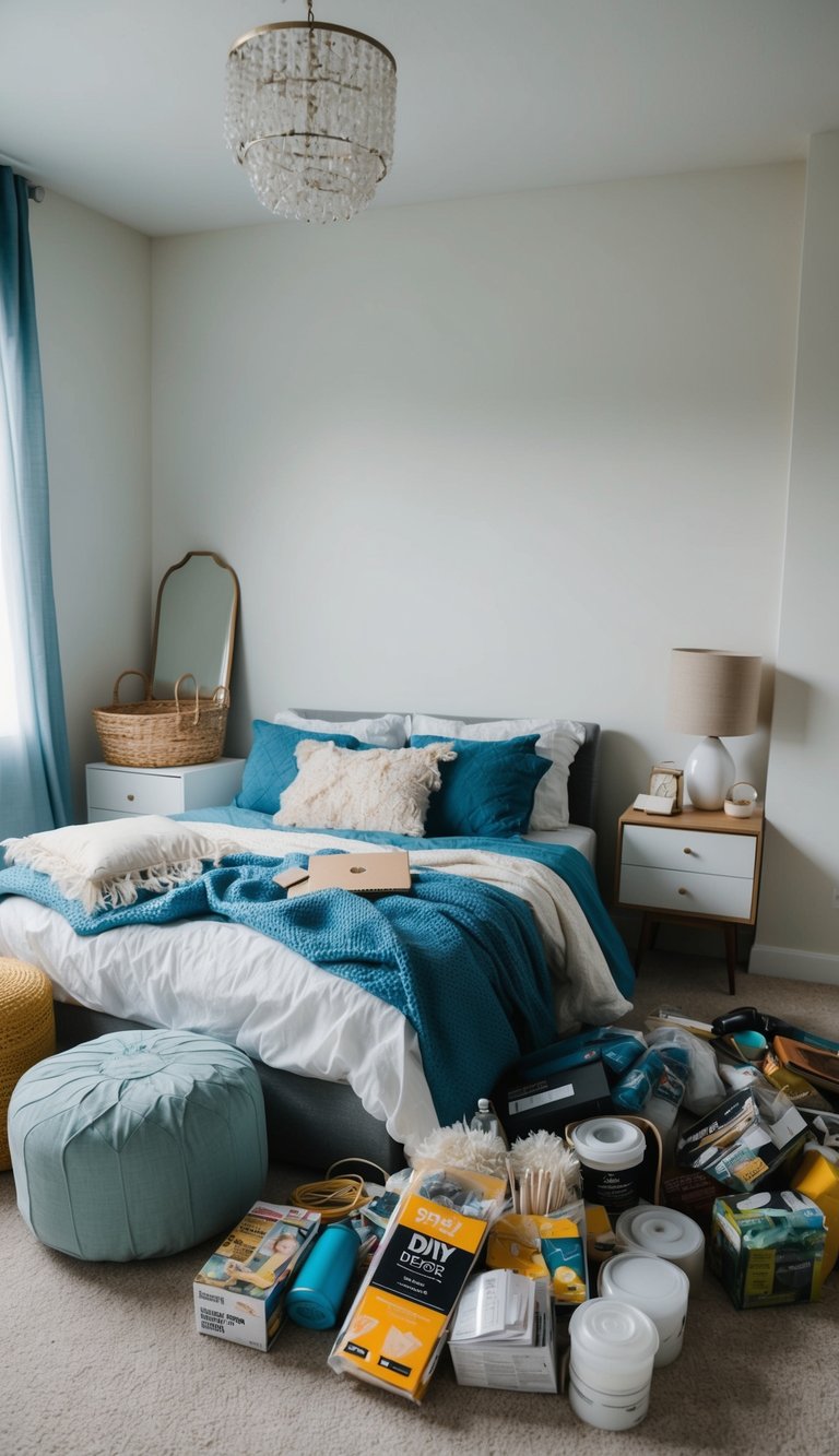 A cluttered bedroom with mismatched furniture and bare walls. A pile of DIY decor supplies sits on the floor, ready for a budget-friendly makeover