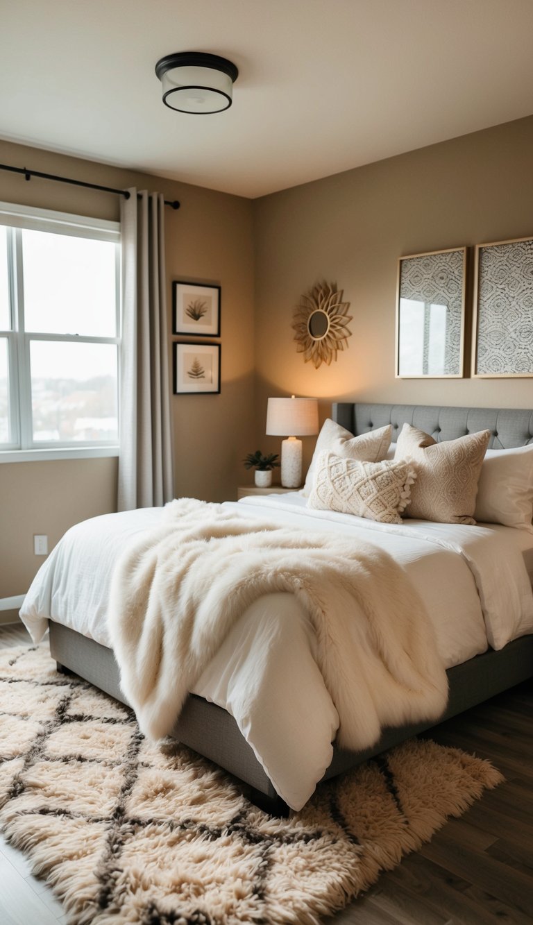 A cozy bedroom with a fluffy rug, soft throw pillows, warm lighting, and decorative wall art