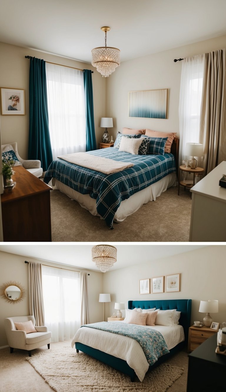 A cluttered bedroom with mismatched furniture and outdated decor, transformed into a cozy and stylish space with new bedding, curtains, and wall art