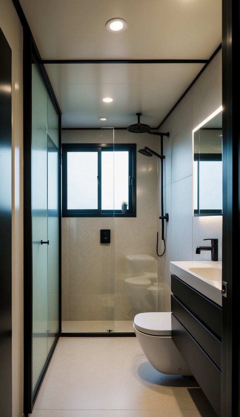 A sleek and modern bathroom inside a repurposed shipping container home, featuring a spacious shower, minimalist fixtures, and natural light streaming in through a small window