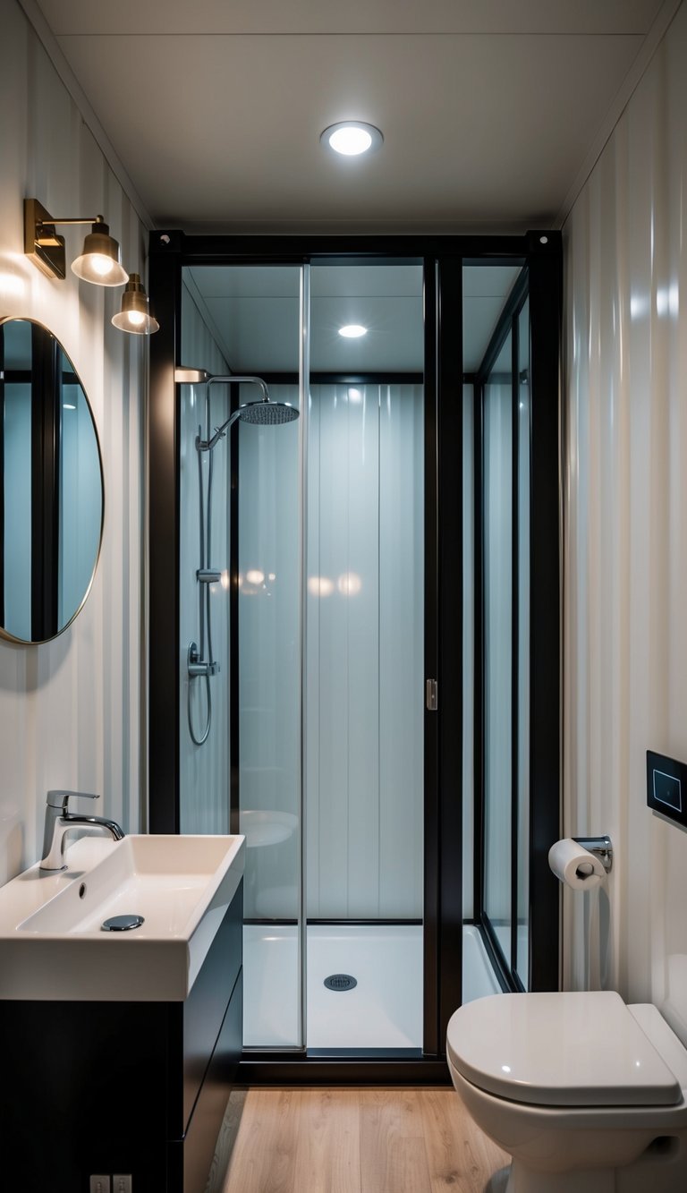 A sleek, modern bathroom inside a repurposed shipping container home, with a compact sink, toilet, and shower stall