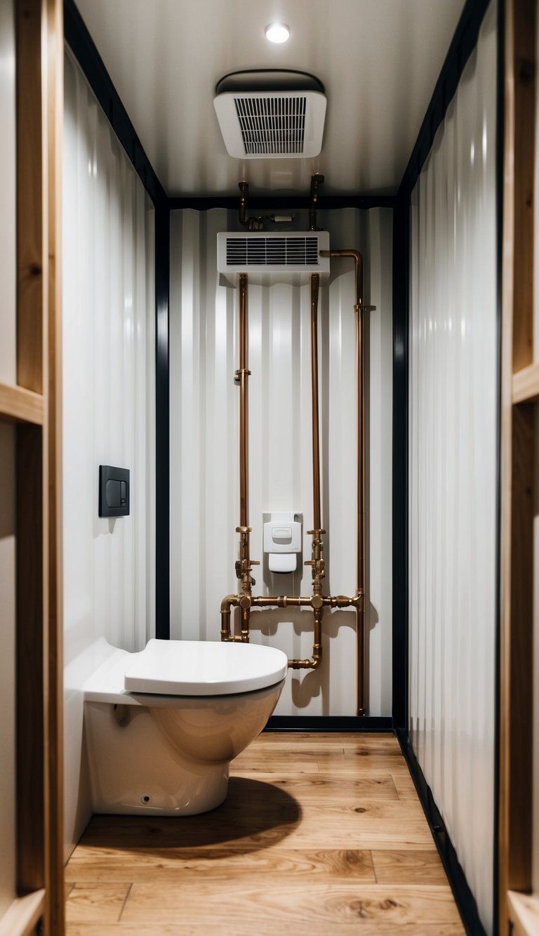 A compact bathroom in a shipping container home, with exposed plumbing and ventilation system