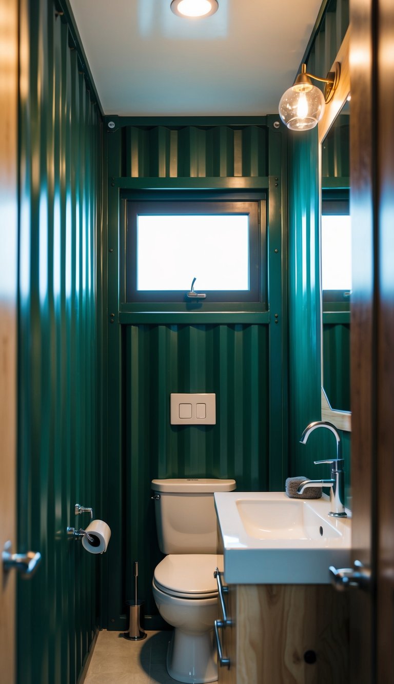 A shipping container bathroom with modern fixtures and natural light streaming in through a small window