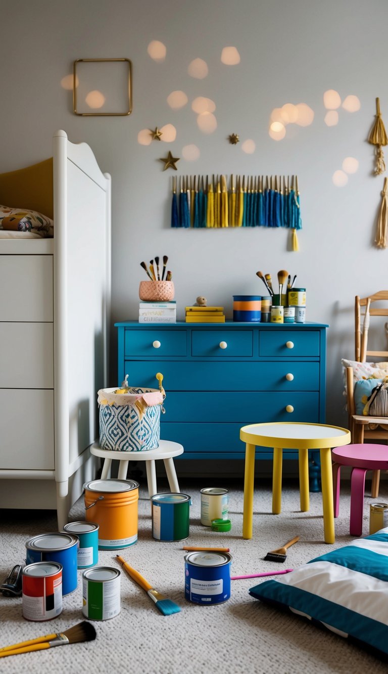 A child's bedroom with a mix of old and new furniture, paint cans, brushes, and rearranged decor items scattered around