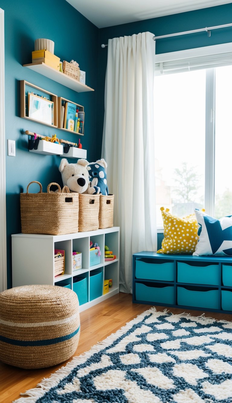 A tidy kids' bedroom with organized storage solutions, including shelves, bins, and hooks for under $100