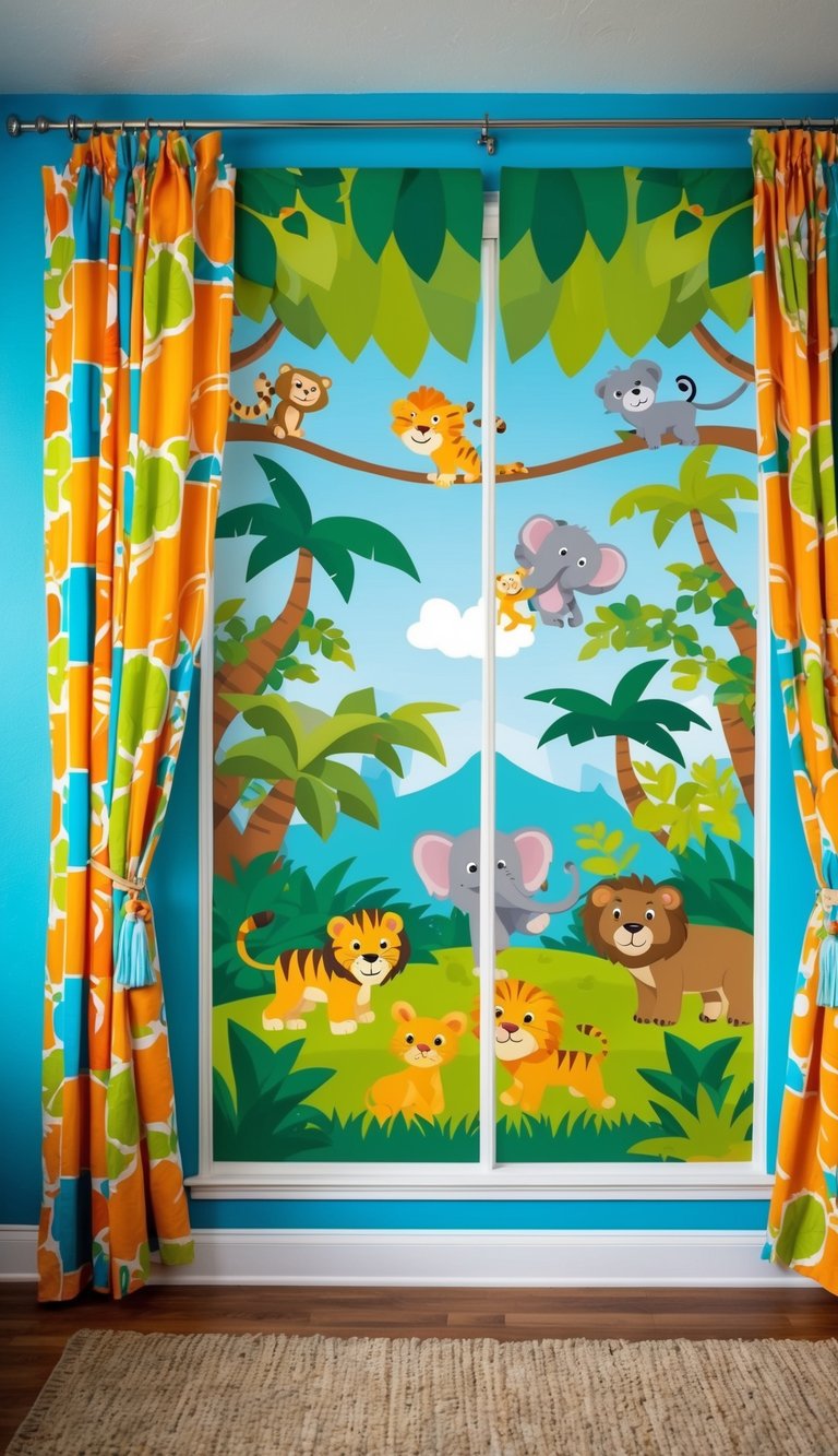 A colorful wall decal of a jungle scene with playful animals and vibrant foliage. Bright curtains with fun patterns frame the window