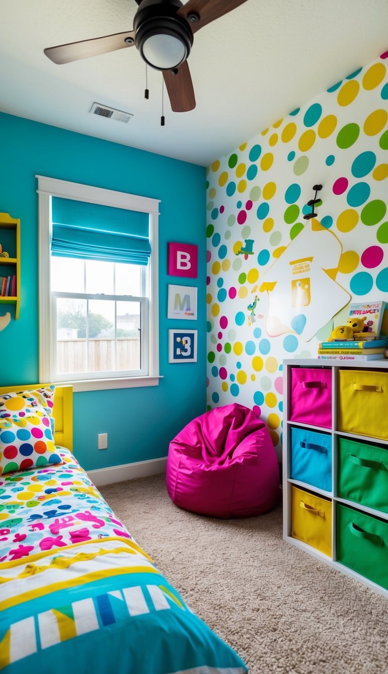 A colorful kids' bedroom with new bedding, wall decals, and storage bins. A cozy reading nook with a bean bag chair and bookshelf