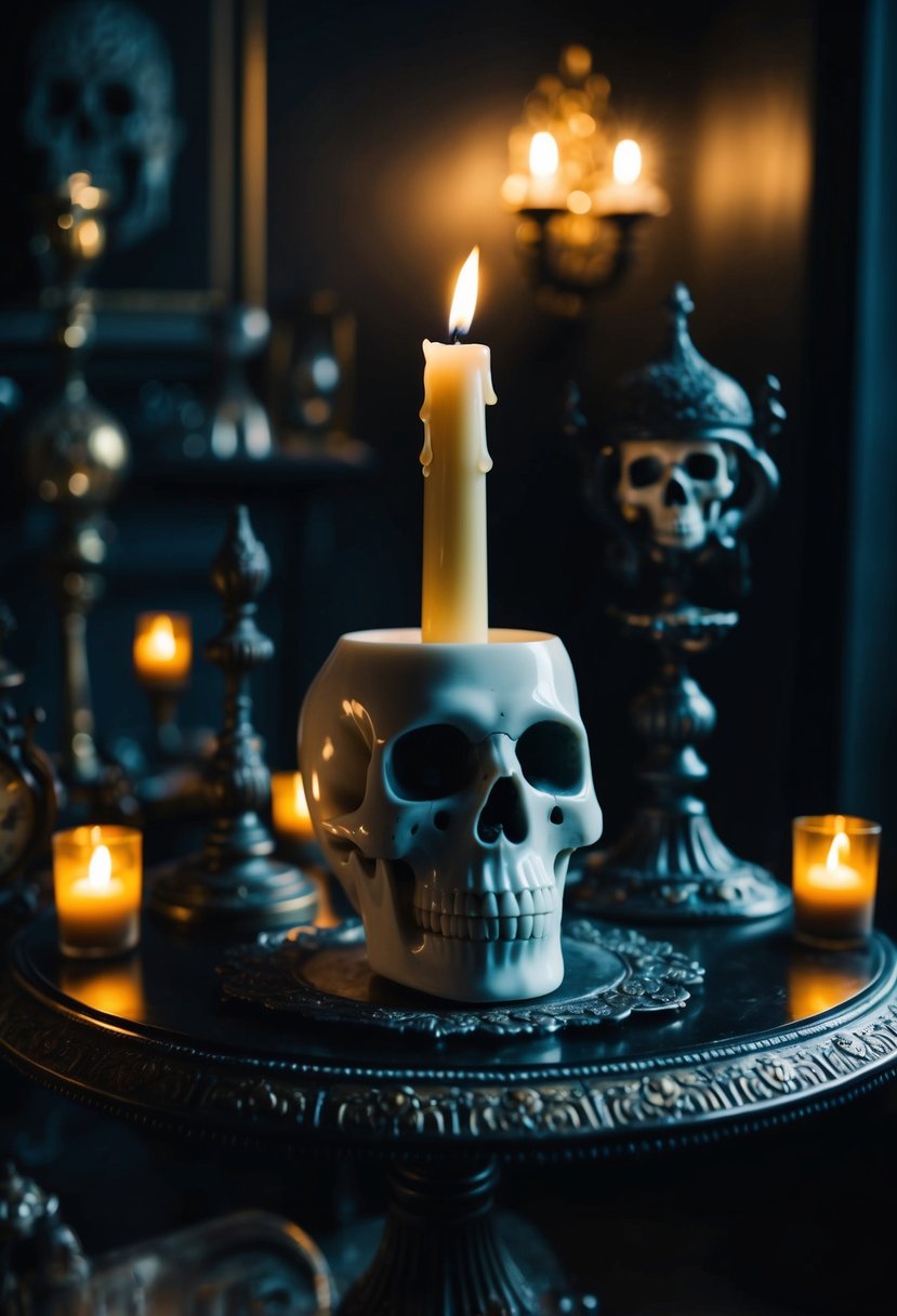 A Victorian skull-shaped candle holder sits on a dark, ornate table surrounded by other Gothic decor items. The room is dimly lit, creating a moody and mysterious atmosphere