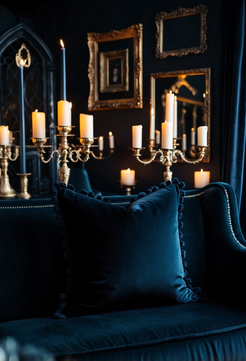 A dimly lit room with a black velvet throw pillow on a dark sofa, surrounded by gothic decor such as candelabras, ornate frames, and dark curtains