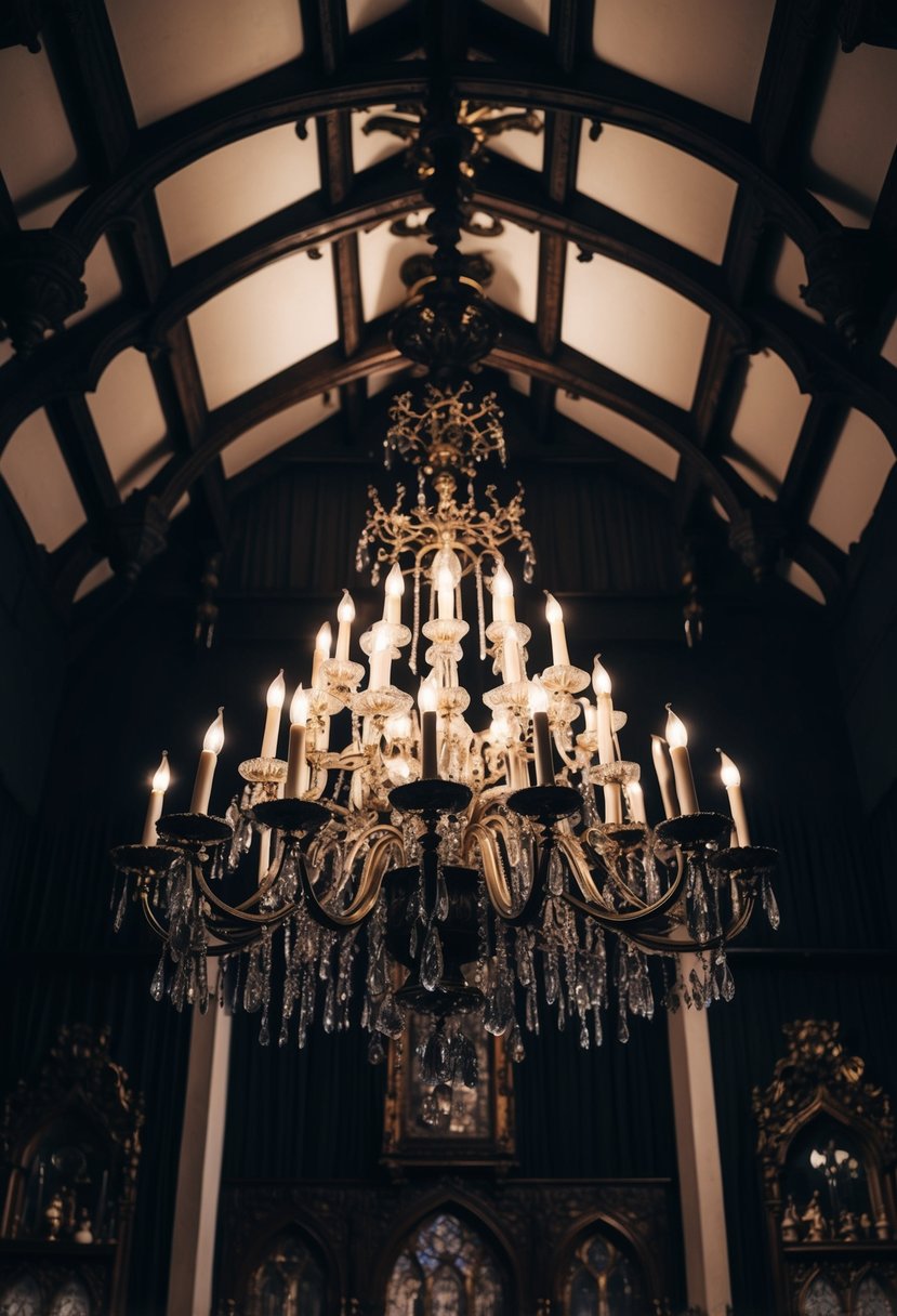 A grand gothic chandelier hangs from a high ceiling, casting dramatic shadows in a dimly lit room filled with dark, ornate decor