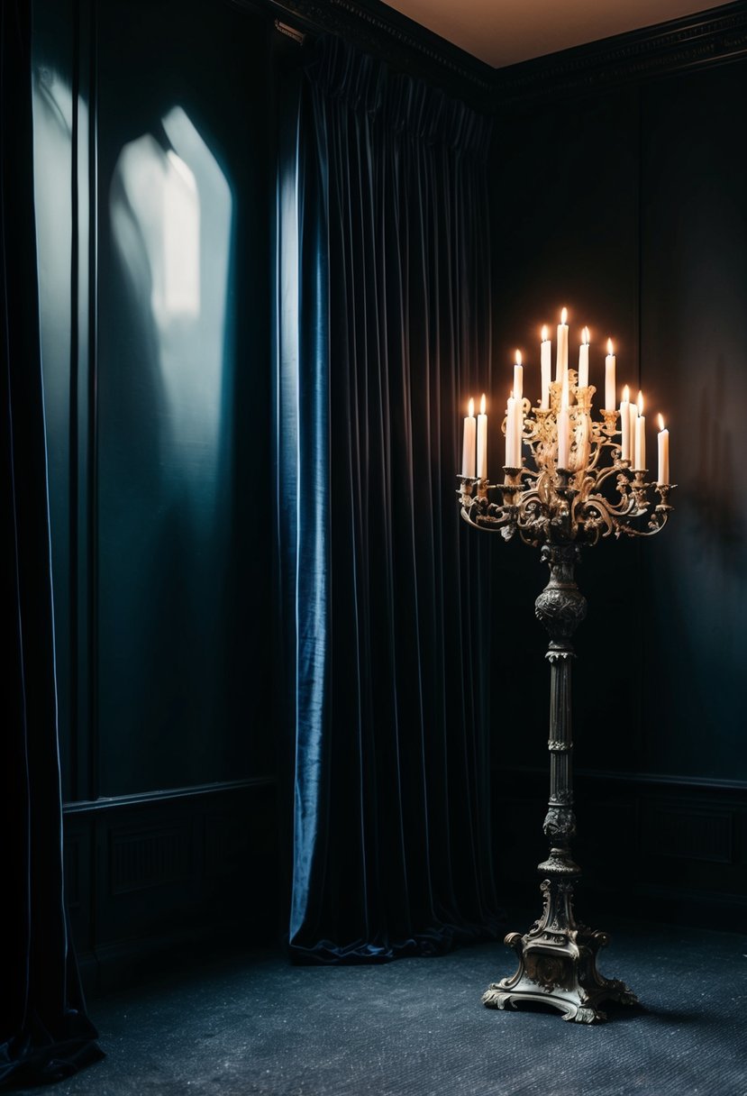 A dimly lit room with heavy velvet drapes, a large gothic candelabra casting eerie shadows on the walls