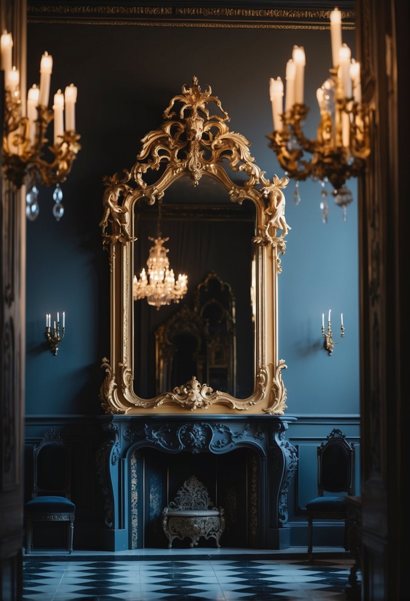 A grand baroque wall mirror hangs in a dimly lit room adorned with gothic decor, creating a dramatic and elegant atmosphere