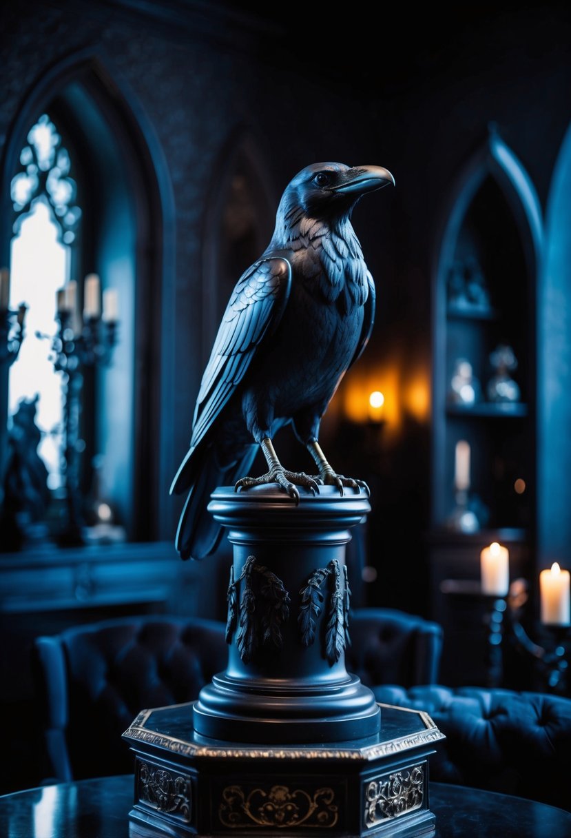 A raven statue perched on a pedestal in a dimly lit room with gothic decor, surrounded by dark and ornate furnishings