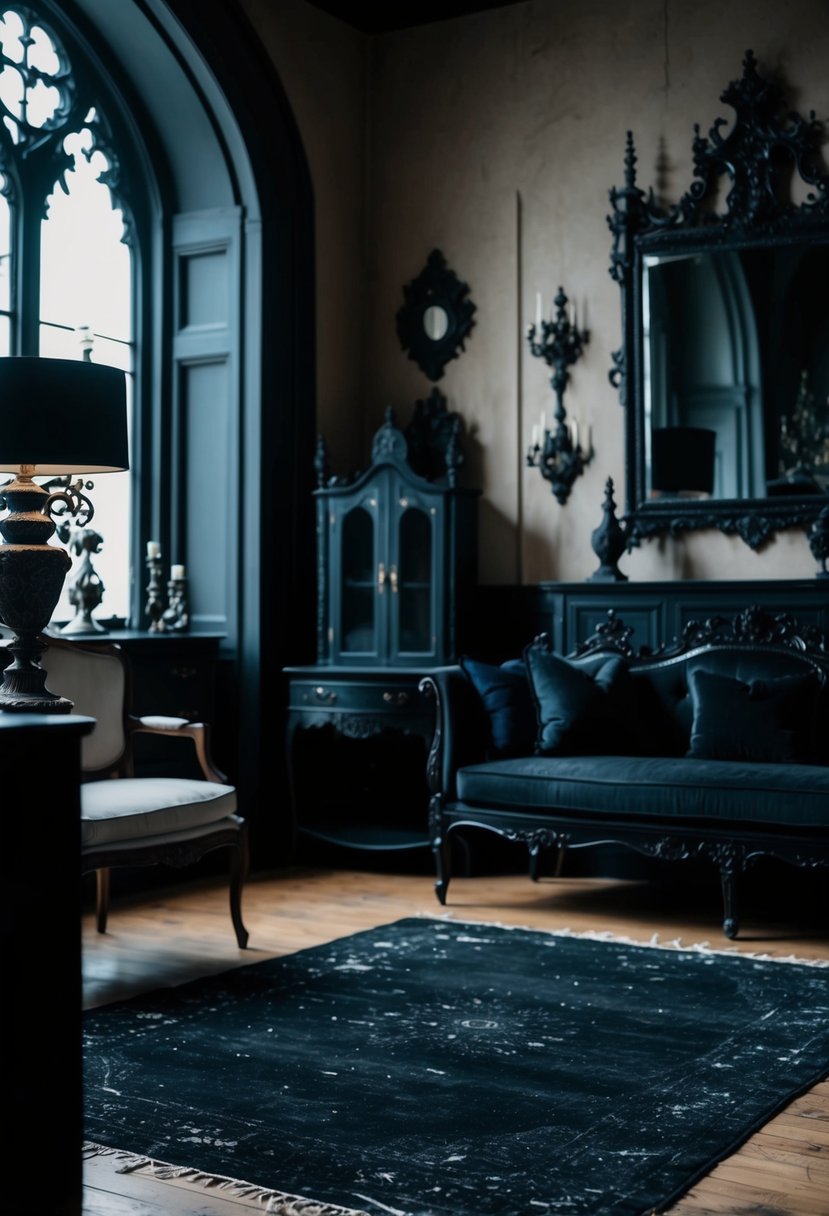 A distressed black rug lies in a dimly lit room with gothic decor, featuring dark furniture and ornate details