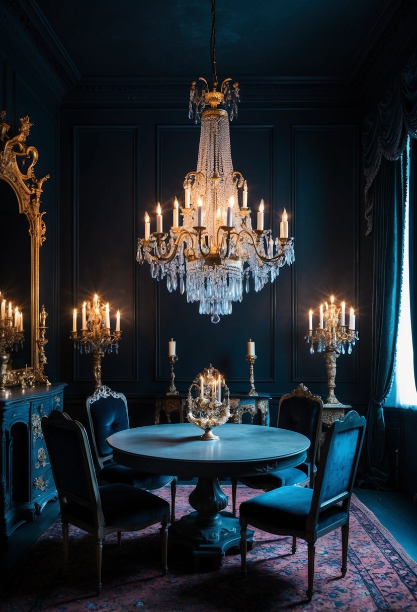 A dimly lit room adorned with ornate candleholders, velvet drapes, and antique furniture. A large chandelier casts eerie shadows over the gothic decor